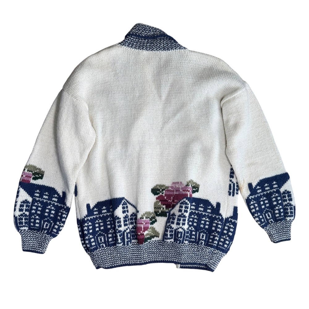 South Wool Cottage AOP Wool Knit Cardigan House Floral Small Cream Blue Pink 80s - Picture 2 of 7